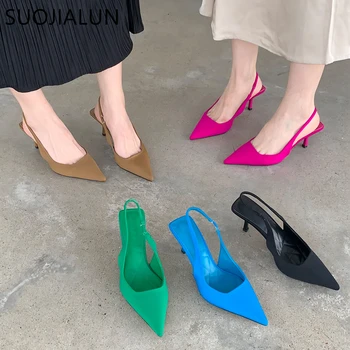 SUOJIALUN Moda İnce Yüksek Topuklu Slingback Sandalet Sivri Burun Kayma Katır Ayakkabı Bayanlar Zarif Sığ Pompaları Parti Elbise Sho
