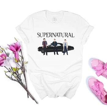 Supernatural Sam ve Dean Castiel Impala T-Shirt Tv Show Doğaüstü Gömlek Vintage Grafik Tee Tumblr İlham Üstleri Görüntü 2