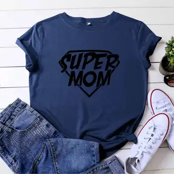 Süper Anne Baskı Kadın T Shirt Kısa Kollu O Boyun Gevşek Kadın Tişört Bayanlar Tee Gömlek Tops Giysileri Camisetas Mujer Görüntü 2