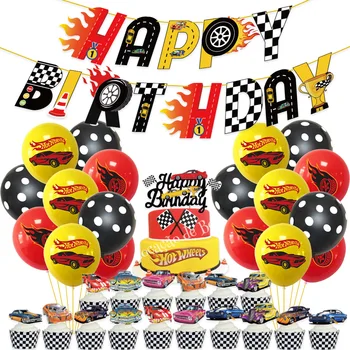 Sıcak Tekerlekler Küçük Balon Afiş Kek Topper Seti Yarış Parti Dekorasyon Mutlu Çocuklar Çocuk Sıcak Tekerlekler Yarış Doğum Günü Favor