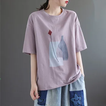T Shirt Kadın 2022 Yeni Yaz Baskı Şık Tees Pamuk Vintage Jumper Giyim Büyük Boy Rahat Kazak Üst Tişörtleri