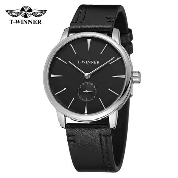 T-WINNER moda basit rahat erkek saati siyah kadran gümüş kasa siyah deri kayış otomatik mekanik saat