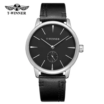 T-WINNER moda basit rahat erkek saati siyah kadran gümüş kasa siyah deri kayış otomatik mekanik saat Görüntü 2