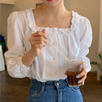 Tatlı Kız Bahar Sevimli Beyaz Uzun kollu Beyaz Uzun kollu Kore Tarzı Mizaç Düz Renk Gevşek Kare yakalı tişört Görüntü 2