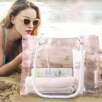 Taşınabilir plaj çantası su geçirmez Büyük kapasiteli Şeffaf çanta kristal pvc yaz Jöle Şeker Çanta pembe vs siyah Kadın Çantaları Görüntü 2