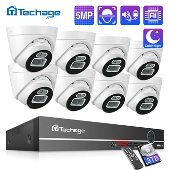 Techage 5MP Video Gözetim Kamera 8CH POE NVR AI Yüz Algılama Dome Kapalı İki Yönlü Ses recorderColor Gece Güvenlik Sistemi