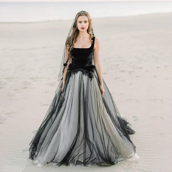 Tekne Boyun Çizgisi Siyah düğün elbisesi Kadife ve Tül Aç Geri Kristaller gelinlikler vestido de noiva barato
