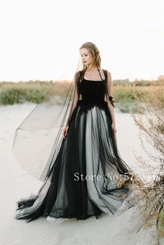 Tekne Boyun Çizgisi Siyah düğün elbisesi Kadife ve Tül Aç Geri Kristaller gelinlikler vestido de noiva barato Görüntü 2