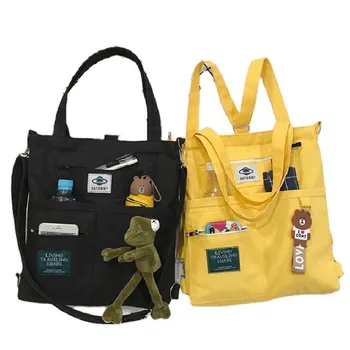 Tuval Kadın Çanta omuz çantaları Büyük Kapasiteli Basit Katlanır Çanta Tote alışveriş çantası Kurbağa Kolye ile Kitap Çantaları Kız için