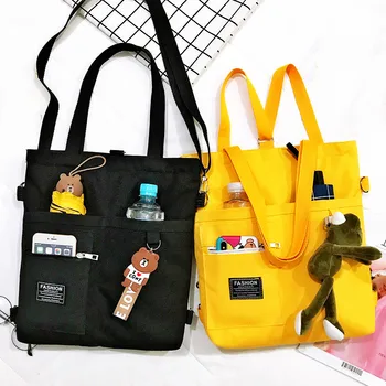 Tuval Kadın Çanta omuz çantaları Büyük Kapasiteli Basit Katlanır Çanta Tote alışveriş çantası Kurbağa Kolye ile Kitap Çantaları Kız için Görüntü 2