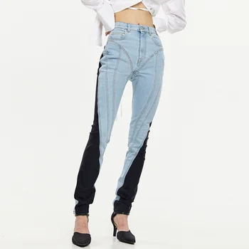 TWOTWINSTYLE Streetwear Denim Pantolon Kadın Yüksek Bel Gevşek Patchwork Colorblock kadın Pantolon Moda Sonbahar Yeni Görüntü 2