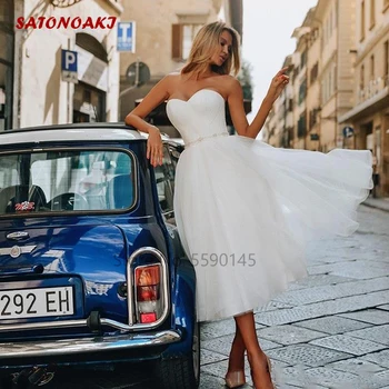 Vestido De Novia Yeni Basit kısa düğün elbisesi Kadınlar için 2022 Çay Boyu Boncuk Kanat Bir Çizgi Boho gelin kıyafeti Elbise Mariée Fransa Görüntü 2