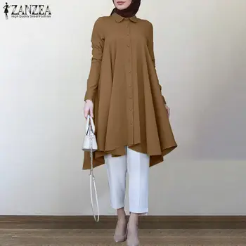 Vintage Asimetrik Gömlek kadın Sonbahar Bluz ZANZEA 2022 Casual Uzun Kollu Türk Elbise Gömlek Kadın Katı İslam Giyim Görüntü 2