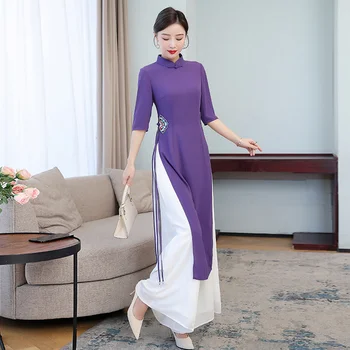Vintage Harajuku Mor Ao Dai Vietnam Katı Pantolon İki Parçalı Set Nakış Çin Tarzı Kadın İnce Rahat Beyaz Uzun Üst Takım Elbise Görüntü 2