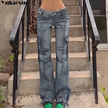 Vintage Kot kadın Düşük Belli Cepler Pantolon Baggy Casual kadın Denim Kargo Pantolon Kadın Düz Sıcak kore kotu 90s