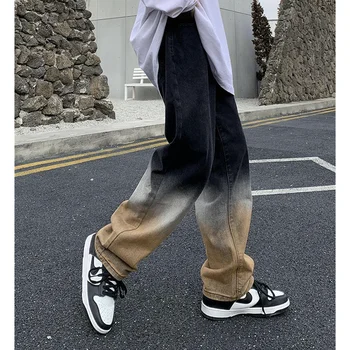 Vintage Yüksek Bel Kadın Siyah Kot degrade renk Streetwear Geniş Bacak Jean Kadın Kot Pantolon Düz Baggy Kot Pantolon