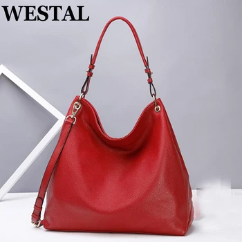 WESTAL Trend 2022 Kadın Çanta Hakiki Deri En saplı çanta Kadın Büyük Kapasiteli Alışveriş Çantaları Kırmızı Casual Tote Çanta Hediye