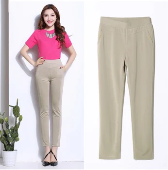 XL-5XL düz Pantolon Kadın Büyük Boy Basit Yüksek Bel Eğlence Pantolon Yaz Yeni Bayan Cep Tüm Maç Pantolon Ofis Bayan Görüntü 2