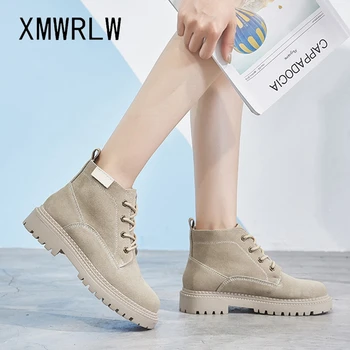 XMWRLW Hakiki Deri Kadın yarım çizmeler Sonbahar Kış Ayakkabı Rahat Lace up Bayanlar Çizme Sıcak Peluş Kadın bileğe kadar bot Kış Ayakkabı Görüntü 2