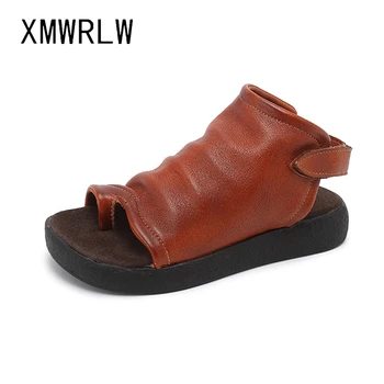 XMWRLW kadın Yaz Flip Flop Hakiki Deri Retro Sandalet 2020 Yaz Bayanlar yüksek topuklu ayakkabı El Yapımı Kadın Sandalet Ayakkabı
