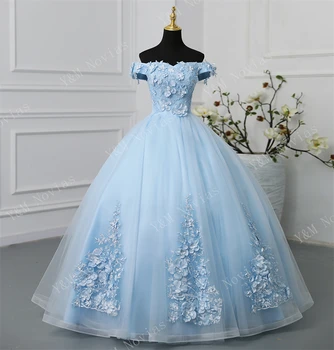 Y & m Novıas Yeni Moda Mavi Kapalı Omuz Quinceanera Elbise Tatlı Parti Balo Elbise Lüks Dantel 3D Çiçekler Balo Vestidos
