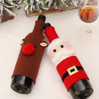 Yaratıcı Noel şarap şişesi Seti Örme Noel Baba şampanya şişesi Çantası Noel Yemeği Noel masa süsü Sevimli Noel Hediyesi Görüntü 2