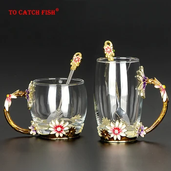 Yaratıcı ısıya dayanıklı kristal cam kupa, Emaye Cam Kupa, çiçek çayı Seti Kahve Fincanı, su süt Kahve Drinkware Hediye için