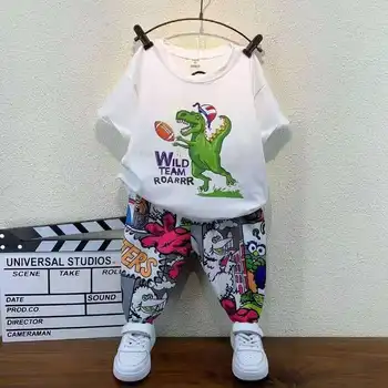 Yaz Erkek giyim setleri Bebek Dinozor kısa kollu tişört + Pantolon Erkek Karikatür Takım Elbise 2 adet Çocuk Erkek Giysileri