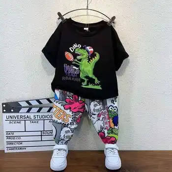 Yaz Erkek giyim setleri Bebek Dinozor kısa kollu tişört + Pantolon Erkek Karikatür Takım Elbise 2 adet Çocuk Erkek Giysileri Görüntü 2