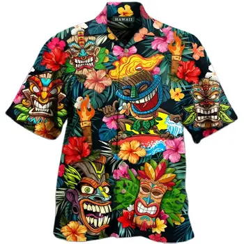 Yaz erkek Hawaii Gömlek Moda Vintage Baskı Gömlek erkek Plaj Rahat Parti Kısa Kollu Üst Yaka Düğmeleri erkek giyim