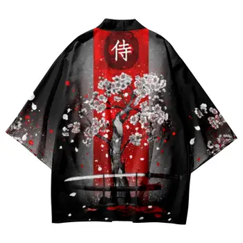 Yaz Kadın Erkek Plaj Hırka Elbise Haori Karikatür Kiraz Çiçekleri Bıçak Baskılı Gevşek Japon Kimono Streetwear En Yukata