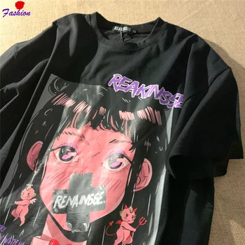 Yaz Kadın Gotik Üst T-shirt Anime Girly Grafik Baskı Kadın T-shirt Büyük Boy Vintage Y2k Kawaii Giyim Üst Streetwear
