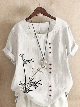 Yeni Kadın Yaz Rahat bambu Baskı Gevşek T-Shirt Vintage Yuvarlak Boyun Artı Boyutu Kısa Kollu Bluz Tops S-5XL