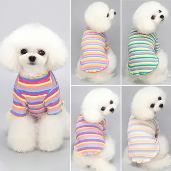 Yeni Köpek Kostüm Gökkuşağı Çizgili Köpek Giysileri Fırfır Yaka Köpekler Yelek Gömlek Bahar Sonbahar Küçük Pet Chihuahua Örgü Kazak