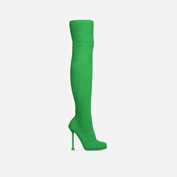 Yeni Marka Tasarımcısı Podyum Stiletto Kare Ayak Örme Nefes Elastik Çorap Çizmeler Moda Pilili Over-the-Diz