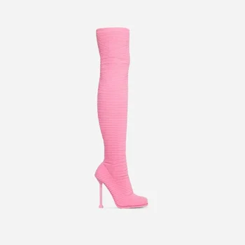 Yeni Marka Tasarımcısı Podyum Stiletto Kare Ayak Örme Nefes Elastik Çorap Çizmeler Moda Pilili Over-the-Diz Görüntü 2