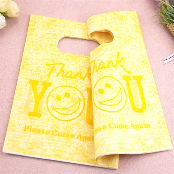 Yeni Tasarım Toptan 100 adet/grup 13*18 cm Sarı Plastik Hediye Paketleme Torbaları Teşekkür Mektubu Gülümseme Yüz Alışveriş Çantaları Görüntü 2