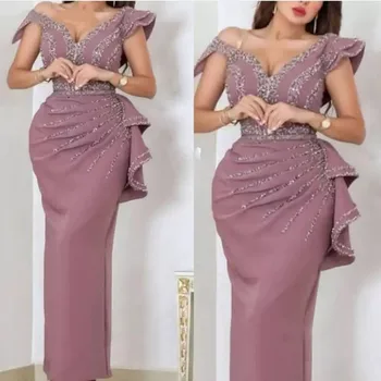 Yeni V Yaka Düz Saten Boncuklu Sequins Balo Elbise Dubai Arapça Artı Boyutu Abiye giyim Uzun Lüks Parti Ünlü Elbise платье