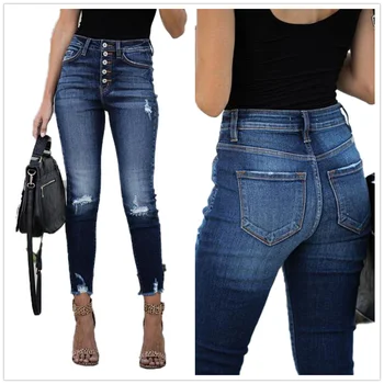 Yeni Varış kadın Yüksek Bel Yırtık Kot Moda Streç Skinny Jeans İnce Denim kalem pantolon Kadın Sonbahar / Kış Giysileri