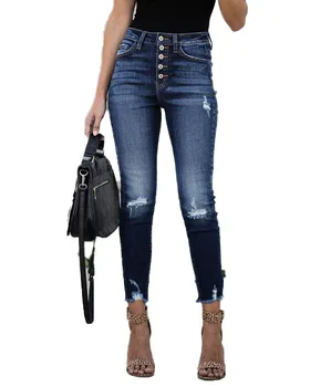 Yeni Varış kadın Yüksek Bel Yırtık Kot Moda Streç Skinny Jeans İnce Denim kalem pantolon Kadın Sonbahar / Kış Giysileri Görüntü 2