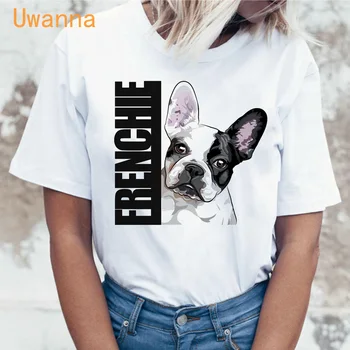 Yeni yaz Fransız Bulldog Baskılı sevimli karikatür t shirt kadın rahat beyaz Üstleri moda t-shirt Komik köpek tshirt kadın giyim