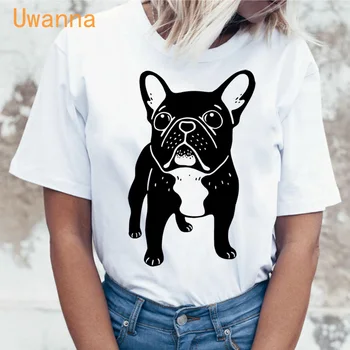 Yeni yaz Fransız Bulldog Baskılı sevimli karikatür t shirt kadın rahat beyaz Üstleri moda t-shirt Komik köpek tshirt kadın giyim Görüntü 2