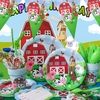 Yeni Çiftlik Hayvan Tema Tek Kullanımlık Sofra Bebek Duş Parti Çocuklar Doğum Günü Partisi Sofra Seti kağıt Tabak Bardak Parti Süslemeleri