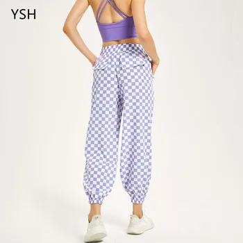Yushuhua Dama Tahtası Yüksek Bel Pantolon Kadın Spor Gevşek Hızlı Kuru Yoga Spor Tayt Spor Koşu Parça Pantolon