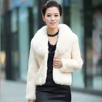 Yüksek Kaliteli Sahte Tavşan Saç Ceket kadın Sıcak Giyim Sonbahar Kış Kısa Faux Fox Kürk Yaka Ceket Ceket Artı Boyutu Palto Görüntü 2
