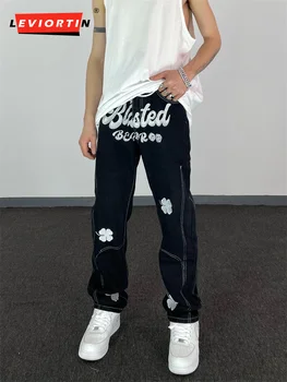 Yüksek Sokak Mektup İşlemeli Kızarmış Sokak Pantolon Hip Hop Retro Gevşek Erkek Kot Pantolon Düz Streetwear günlük kot Pantolon