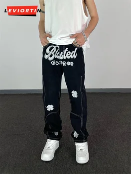 Yüksek Sokak Mektup İşlemeli Kızarmış Sokak Pantolon Hip Hop Retro Gevşek Erkek Kot Pantolon Düz Streetwear günlük kot Pantolon Görüntü 2