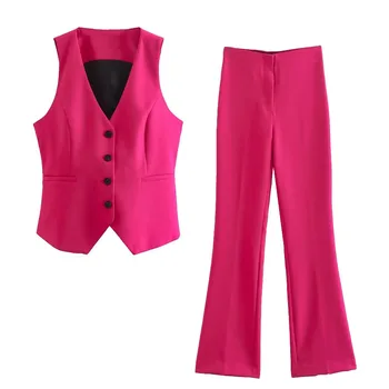 ZATRHMBM 2022 Kadın Giyim Yaz Yeni Moda Tankı Üstleri V Boyun Düğmesi Kırpma Üst + Gül Kırmızı Yüksek Belli Kadın takım elbise