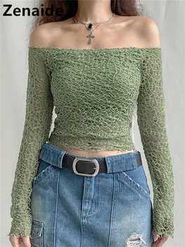Zenaide 2022 Fishnet Uzun Kollu Kırpma Üst Yeşil Tığ Vintage Kore Moda Tee Kadınlar Casual Seksi T Shirt Yaz Harajuku Görüntü 2