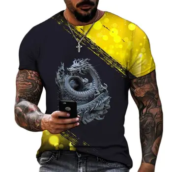 Zodyak Çin Ejderha 3D Baskı erkek T-Shirt Likra Polyester Yuvarlak Boyun Kısa kollu Büyük Boy T Shirt Yaz Gevşek Tees Tops Görüntü 2